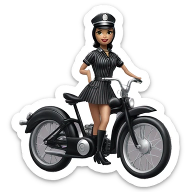 Silkstone Lingerie Barbie, Wednesday Addams from academy in vertically-striped dark-gray and black officer’s uniform with hat. Leaning back at the hips, riding a wheelie on a hot rod bike smiling  sticker