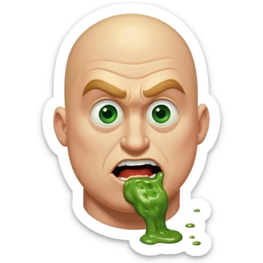 Bald ugly Mr (not) incredible head a little bit deepfried with green vomit color green eyes and coloring green vomit so bad it’s till in his mouth and he’s severely drooling it and it zooms in so fast by the end he takes up the whole screen so much, we even had to remove some parts of his face! sticker