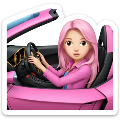 Make car far away so I can see full car Car facing forward in sports car. Make hair long  One girl isFront of car sitting in the seats. Make it a pink sports car. They are two baddies make it a Lamborghini pink car  sticker