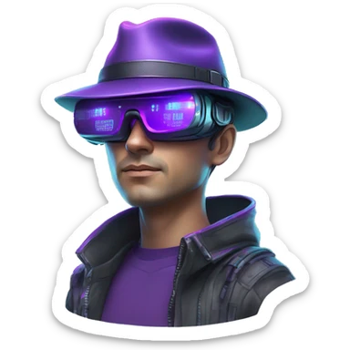 Secret human agent in a hat with  cyberpunk elements in Apple VR googles headset scanning looking reviewing multicolor lines of code, cyan and purple colors, only upper body portrait sticker