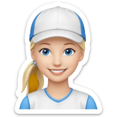 blonde woman, blue eyes, pony tail, white cap sticker