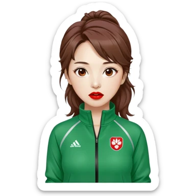Han Mi-nyeo : Age: Late 40s
Appearance: A middle-aged woman with frizzy, messy brown hair and dramatic red lipstick.
Outfit: Green player tracksuit sticker