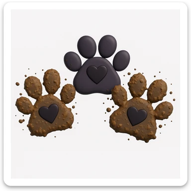 Make the two black puppy paws look muddy, keep the black heart around them and original style (original style slug: 3d-emoji) sticker
