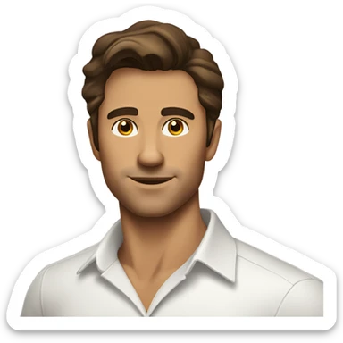 A handsome tan man with dark brown hair wearing a white shirt and gold watch sticker