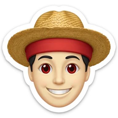Un personnage avec la peau beige une cicatrice sous l'oeil des cheveux noirs en bataille et un chapeau de paille avec une bande rouge il arbore un grand sourire sticker
