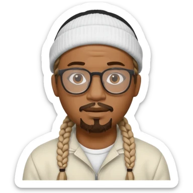 black man with braids glasses beanie and goatee white clothes sticker