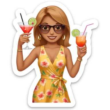 Professional sexy woman smiling holding cocktail posing in shades  and flashing peace sign sticker