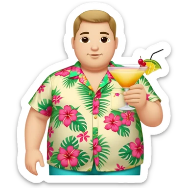 chubby guy full figure in a flowered hawai shirt holding a cocktail sticker