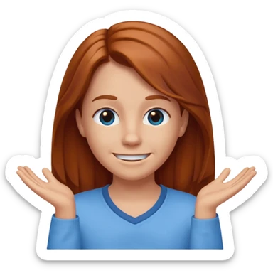 shrugging happy emoji tween long auburn hair light blue shirt with a darker blue L sticker