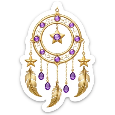 Epic beautiful gorgeous cute gold suncatcher, threads with shiny sparkly amethyst gemstones, flowers, crescents-moons, stars, gold Feathers  sticker