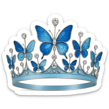 butterfly crown with a sky blue base, butterflies in various blue enamel shades, sparkling gems sticker