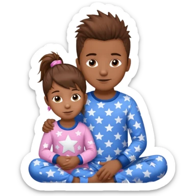 4 year old brown spikey haired boy with blue pajamas with stars on them and a 1 year old brown haired pony tail girl with pink pajamas, and stars on them sticker