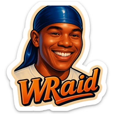 Smiling no teeth
make his shirt white
Change His durag To BLUE
Make it say "  W Raid " sticker