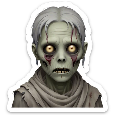 Cinematic Noble Zombie Portrait Emoji, Surprisingly dignified and somber, with a decaying yet strangely regal visage in ashen grays and muted tones, draped in tattered attire hinting at a lost grandeur, simplified yet meticulously detailed, glowing with a soft, eerie radiance and a gentle outline that evokes the tragic nobility of the undead! sticker