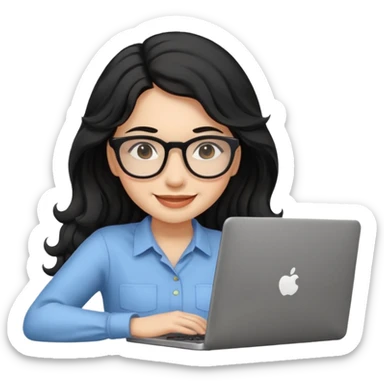 Cute female developer style sitting in front of laptop. No glasses, smiling with long hair waves. Early 20s light skin tone. Black hair sticker