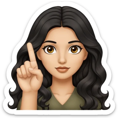 woman with olive skin, brown eyes and long lashes, and long black wavy hair holding up one hand and showing her one middle finger sticker