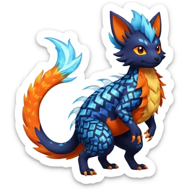 
Canine-Litten-Amaura-Salandit-Noibat-Flareon-Fakémon-fusion (full body) with intricate pattern markings sticker