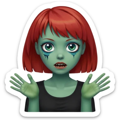Zombie girl emoji with short red hair and bangs. Blue eyes, green skin, and a black top Her hair is slightly wavy and she has her hands outstretched in front of her.  sticker