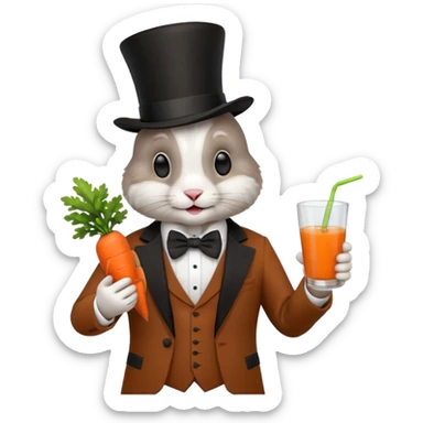 rabbit wearing suit, bowtie and top hat, holding glass of carrot juice sticker