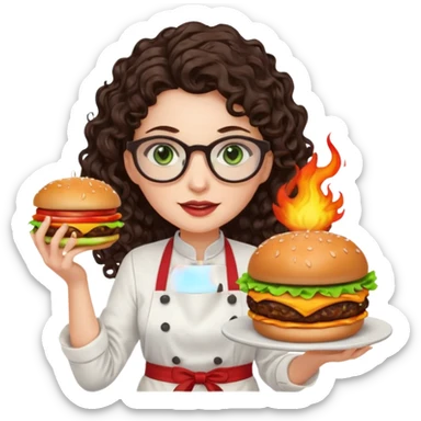 A female chef with glasses, dark brown long curly hair, White skin,Green eyes and setimg a burger on fire sticker