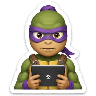 Donatello from Teenage Mutant Ninja Turtles, emoji style, with a tablet showing a hacking screen and a determined look sticker