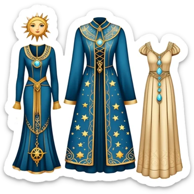 Tarot style wardrobe card showing elegant clothing items with celestial symbols, mystical style definition sticker