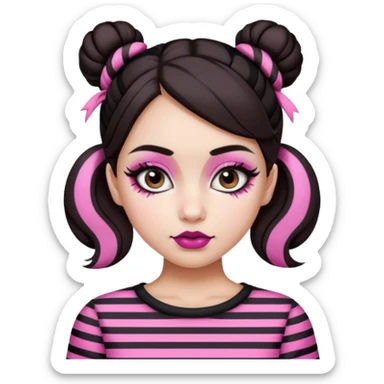 generate a pretty fair bratz girl with dark brown eyes. Dark brown hair straight hair with pink highlights tied into buns. Big eyeliner. black lipstick. Black and white striped top.  sticker