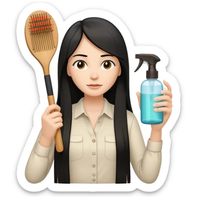 A white woman with long, straight black hair, wearing an ivory-colored shirt, holding a wooden paddle hairbrush in her left hand and spraying a hair mist bottle with her right hand toward her hair. sticker