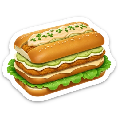 schnitzel sandwich: an oblong roll topped with a schnitzel, placed on a lettuce leaf, drizzled with remoulade, no cheese or other ingredients sticker