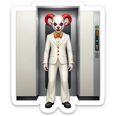full-body demonic clown in a white leisure suit with bellbottom pants, bald, black ram horns, wearing elevator shoes sticker