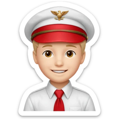 A Soviet pioneer emoji — smiling young boy wearing a white shirt with a bright red pioneer necktie and a classic red pilotka cap. The pilotka cap should fit closely to the head, without brims or side flaps, slightly folded at the top. not a cowboy hat. Flat, smooth 3D shading sticker