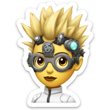 Light yellow Mohawk hair female cyborg head, tan skin, steampunk goggles and circuits sticker