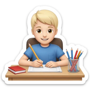 a smiling child working hard ata a desk sticker