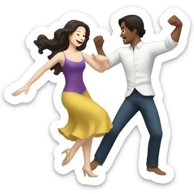 A pale half Asian man with short dark hair and white woman with long wavy brunette hair dancing together sticker