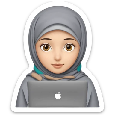 A girl wearing a gray hijab and with hazel eyes is carrying a laptop, not a laptop, just a regular laptop. Not mat bock  sticker
