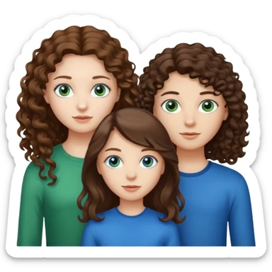Two girls brunette one with straight long hair and blue eyes one with curly hair middle length and green eyes and the other a boy lighter brown with blue eyes sticker