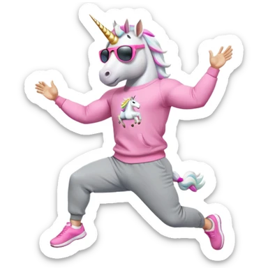 friendly anthropomorphised male white unicorn with a fit, chunky, muscular and strong physique, arms and legs matching the white of the head, wearing grey tracksuit pants and pink jumper, sunglasses, jumping for joy sticker