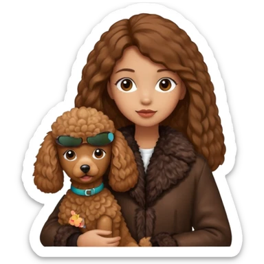 A girl who has long brown straight hair and wears a fur jacket holds a brown poodle sticker