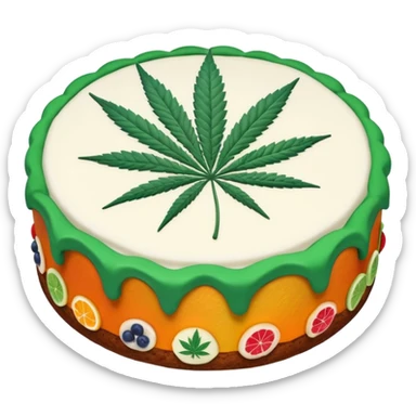 colorful frosted fruit cake with cannabis leaf sticker