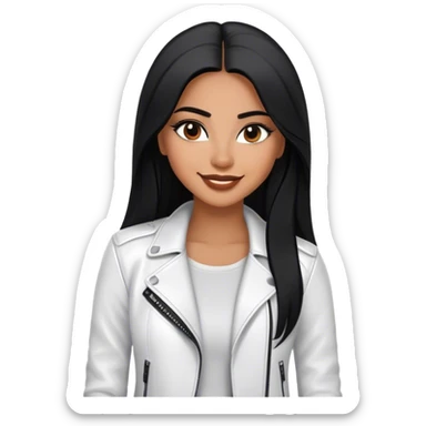 beautiful fit woman, with long straight black hair, with make up, black eye liner, smile mooth close, mexican, brown skin, wearing casual white outfit and leather black jacket, flirting sticker