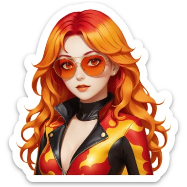 Beautiful gorgeous anime lady with beautiful fiery long warm-red-orange-yellow-gradient-wavy-special-hair, fashion aesthetic, slim red-tinted-sunglasses, accessories, gold jewelries, red-and-yellow sunny-pattern-eyes, black latex-suit, biker-woman, cool, badasa sticker