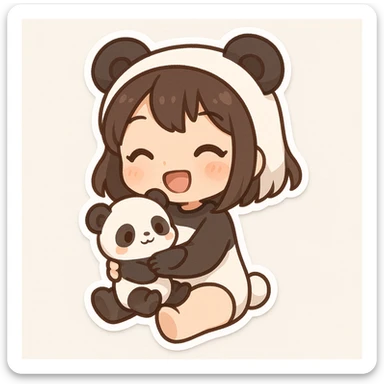 Chibi stickers style panda girl holding a baby panda, cute and happy expression and pose. sticker