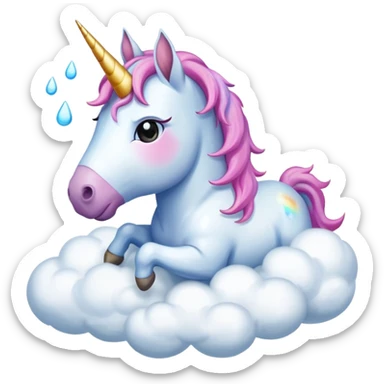 A unicorn flying through clouds, sad, cry tear from eyes, portrait, bust up sticker