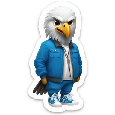 An eagle wearing a blue jacket with sneakers sticker