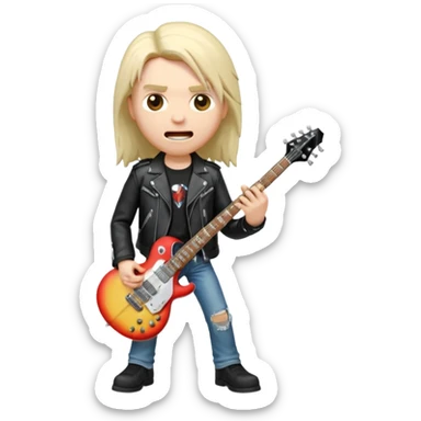 3D Apple-style emoji of a metal musician holding an electric guitar with a bold "ROCK" sign above. Long hair, black leather jacket, ripped jeans, intense expression. Rounded, glossy, smooth, soft shadows, white background.











 sticker