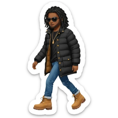 African American man brown skin complexion with black dreadlocks shoulder length wearing black bubble winter coat wearing black sunglasses with denim skinny jeans and timberland boots walking right sticker