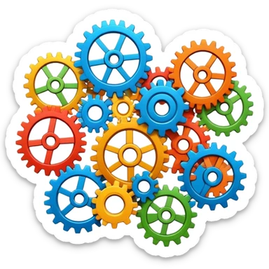 Set of colorful interlocked gears turning together in a system sticker