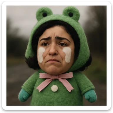 Replace the face of the green-costumed character with the face from the uploaded photo, keeping the plush toy style and the crying expression. sticker