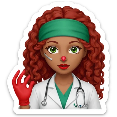 Lilith scalpel in hand, evil surgeon sexy surgeon clothes.  She has green  eyes. She brown long curly hair. Wears sexy doctor outfit with red gloves.hair is free and brown  Wears red bandana to hide  her mouth and nose sticker
