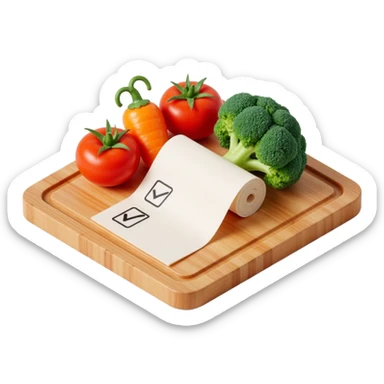 carrot tomato brocoli on the wooden cutting board with floating rolled paper list with checkbox sticker